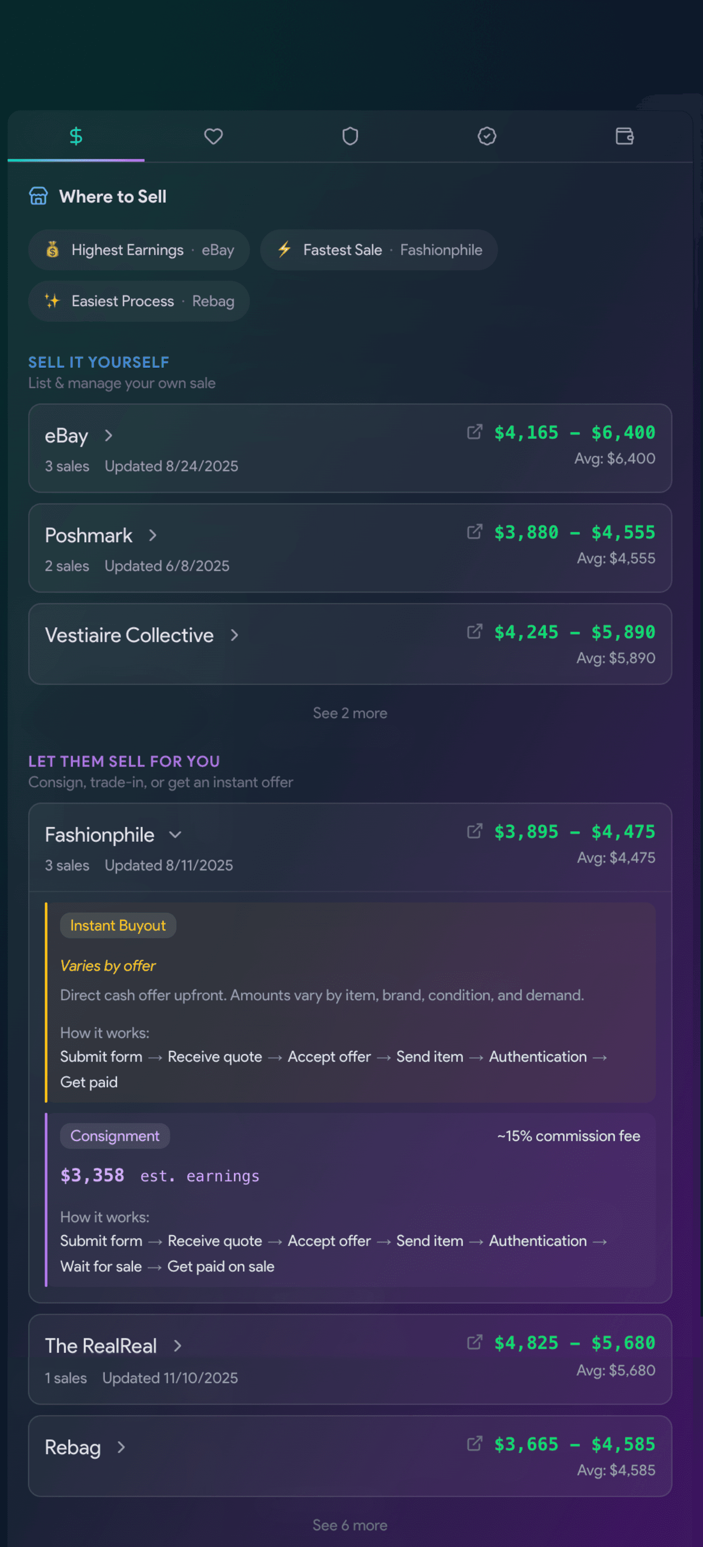 Sell flow showing where to sell and marketplace price ranges